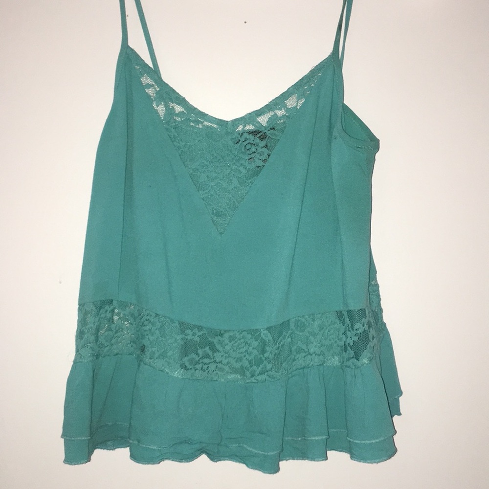 Blue lace ruffled top.